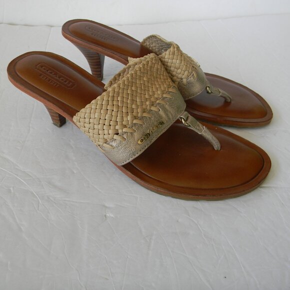 COACH SHAW WOVEN STRAW/LEATHER KITTEN HEEL LEATHER SANDALS SZ 7B RESORT - Picture 1 of 9